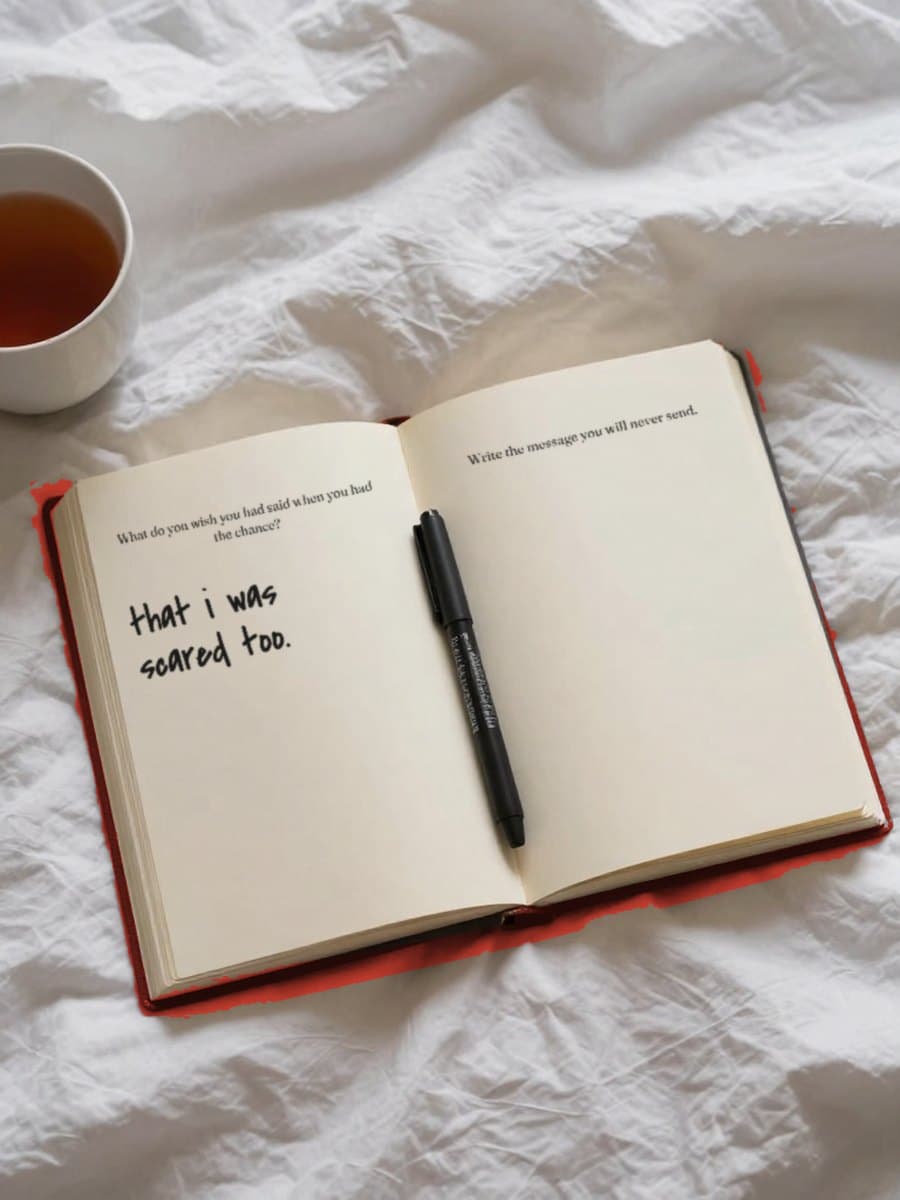 the journal open on a duvet beside a cup of tea and a marker